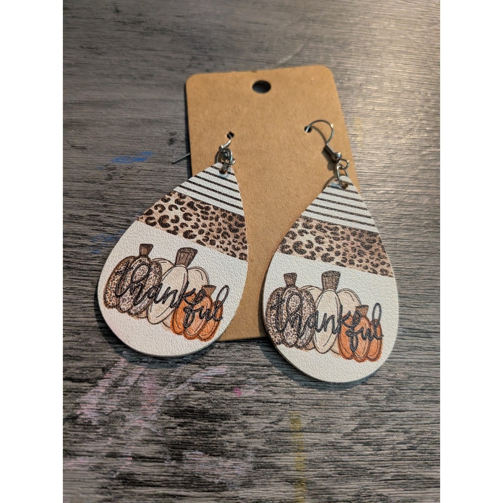 Thankful Pumpkin Leopard Stripe Faux Leather Teardrop Earrings Fall Thanksgiving